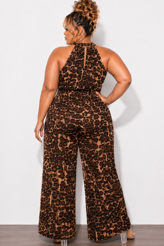 Final Sale Plus Size Halter Jumpsuit in Brown Leopard Print
