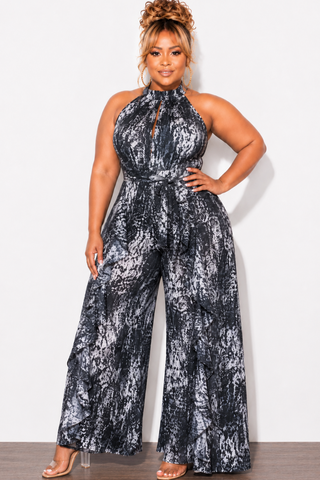 Final Sale Plus Size Halter Jumpsuit in Black & White Combo Print