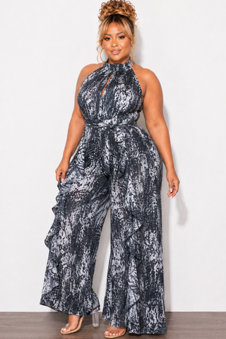 Final Sale Plus Size Halter Jumpsuit in Black & White Combo Print