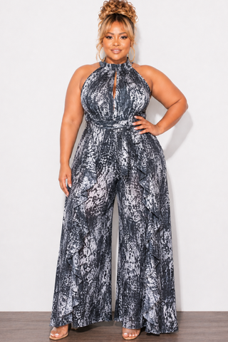 Final Sale Plus Size Halter Jumpsuit in Black & White Combo Print