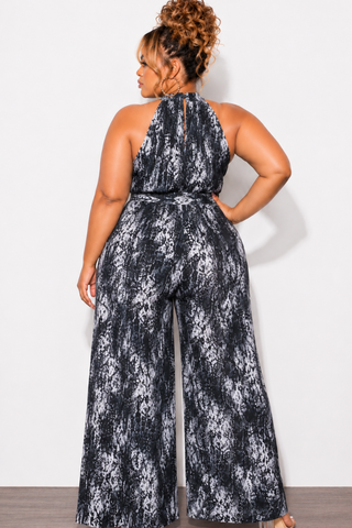 Final Sale Plus Size Halter Jumpsuit in Black & White Combo Print