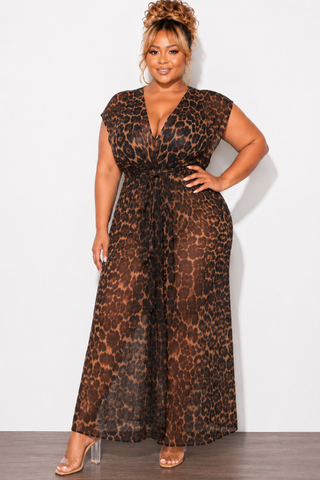 Final Sale Plus Size Mesh Maxi Dress in Brown Leopard Print