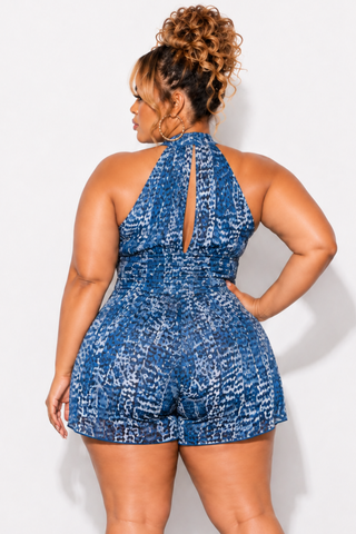 Final Sale Plus Size Halter Romper in Blue Combo Print