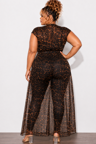 Final Sale Plus Size Mesh Maxi Dress in Brown Leopard Print