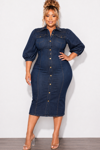 Final Sale Plus Size Fitted Denim Puff Sleeve Midi Dress in Dark Denim