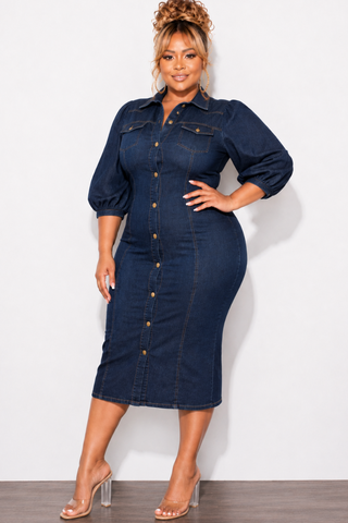 Final Sale Plus Size Fitted Denim Puff Sleeve Midi Dress in Dark Denim