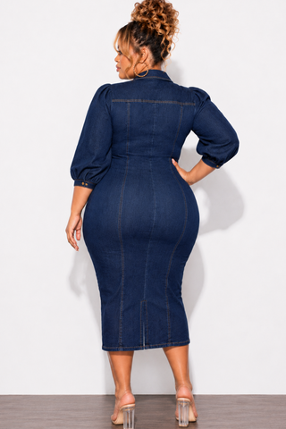 Final Sale Plus Size Fitted Denim Puff Sleeve Midi Dress in Dark Denim