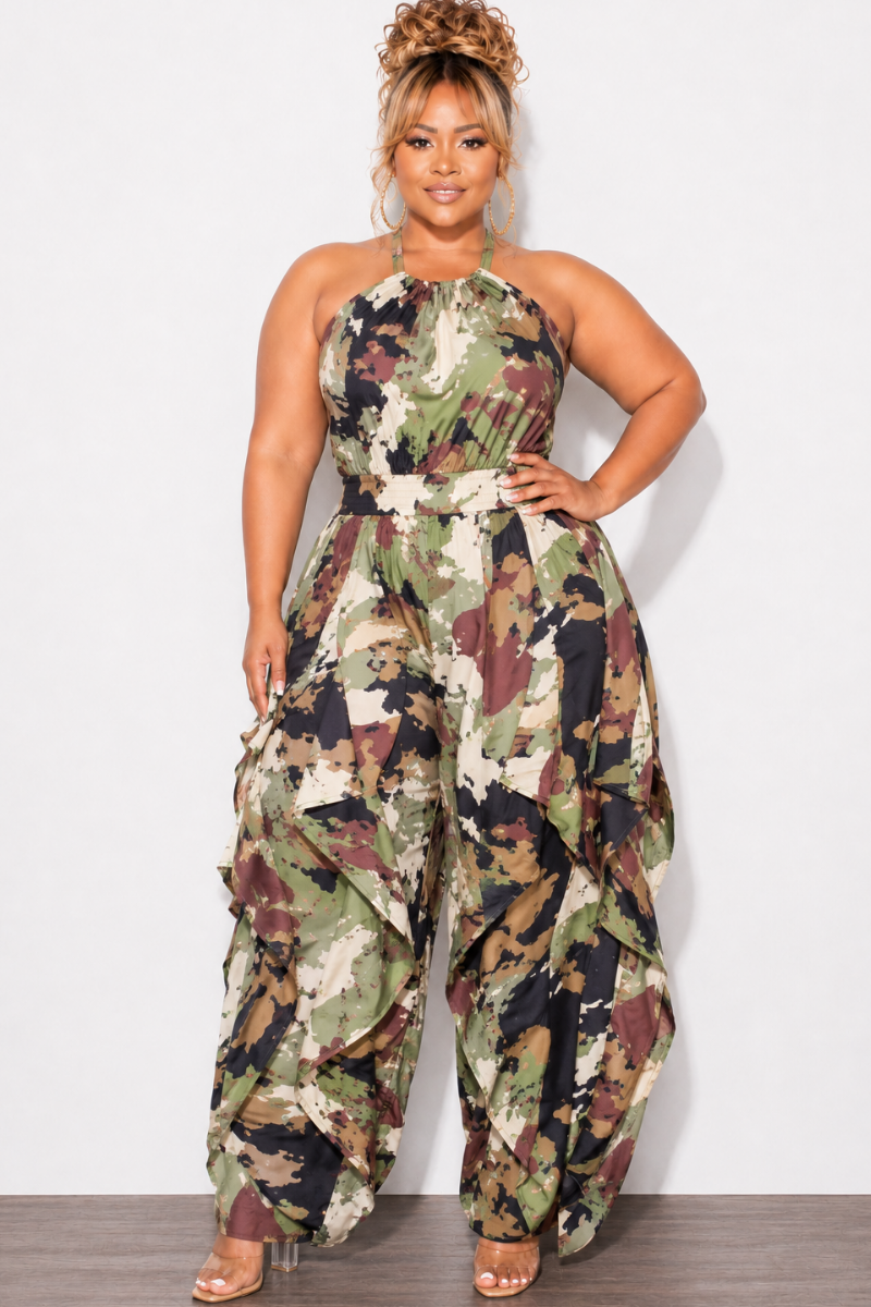 Final Sale Plus Size Wide Leg Drawstring Oversized Windbreaker Wavy Halter Jumpsuit in Camo Olive/Black Multi Color Print
