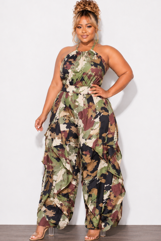 Final Sale Plus Size Wide Leg Drawstring Oversized Windbreaker Wavy Halter Jumpsuit in Camo Olive/Black Multi Color Print