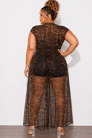 Final Sale Plus Size Mesh Maxi Dress in Brown Leopard Print