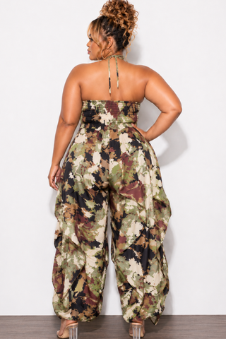 Final Sale Plus Size Wide Leg Drawstring Oversized Windbreaker Wavy Halter Jumpsuit in Camo Olive/Black Multi Color Print
