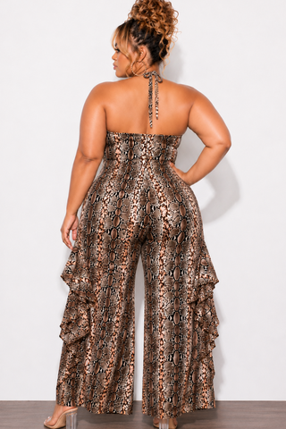 Final Sale Plus Size Wide Leg Drawstring Oversized Windbreaker Wavy Halter Jumpsuit in Brown Snake Print
