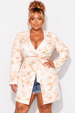 Final Sale Plus Size Blazer in Ivory and Tan Flower Print