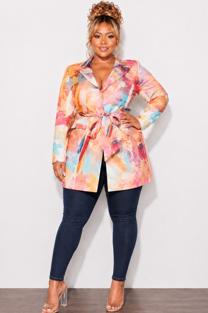 Final Sale Plus Size Blazer in Pink Multi Color Design Print G004