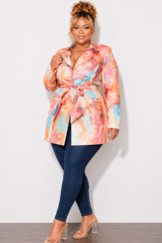Final Sale Plus Size Blazer in Pink Multi Color Design Print G004
