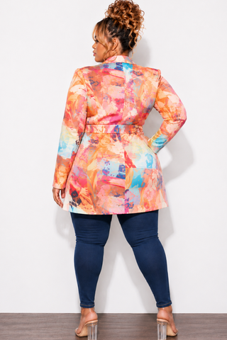Final Sale Plus Size Blazer in Pink Multi Color Design Print G004
