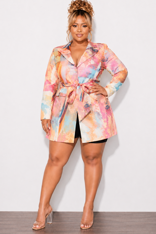 Final Sale Plus Size Blazer in Pink Multi Color Design Print G004