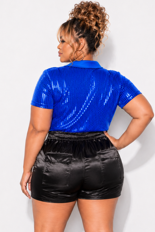 Final Sale Plus Size Collar Sequin Top in Royal Blue