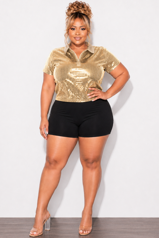 Final Sale Plus Size Collar Sequin Top in Gold