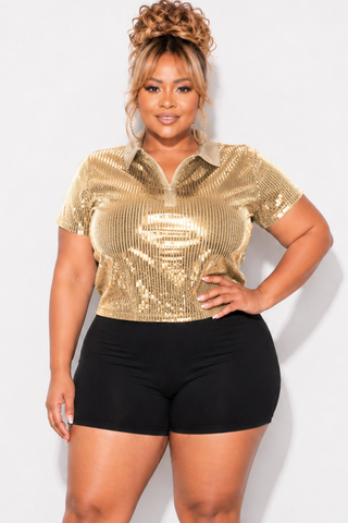 Final Sale Plus Size Collar Sequin Top in Gold
