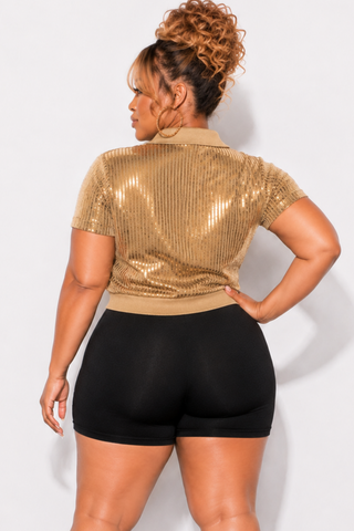 Final Sale Plus Size Collar Sequin Top in Gold