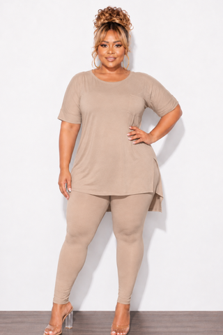 Final Sale Plus Size 2pc Scoop Neck Tunic Top and Matching Legging Set in Ash Mocha