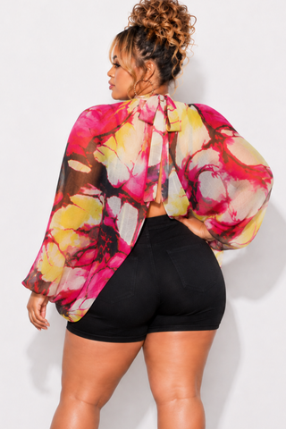 Final Sale Plus Size Sheer Balloon Sleeve Crop Top in Fuchsia and Black Multi Color