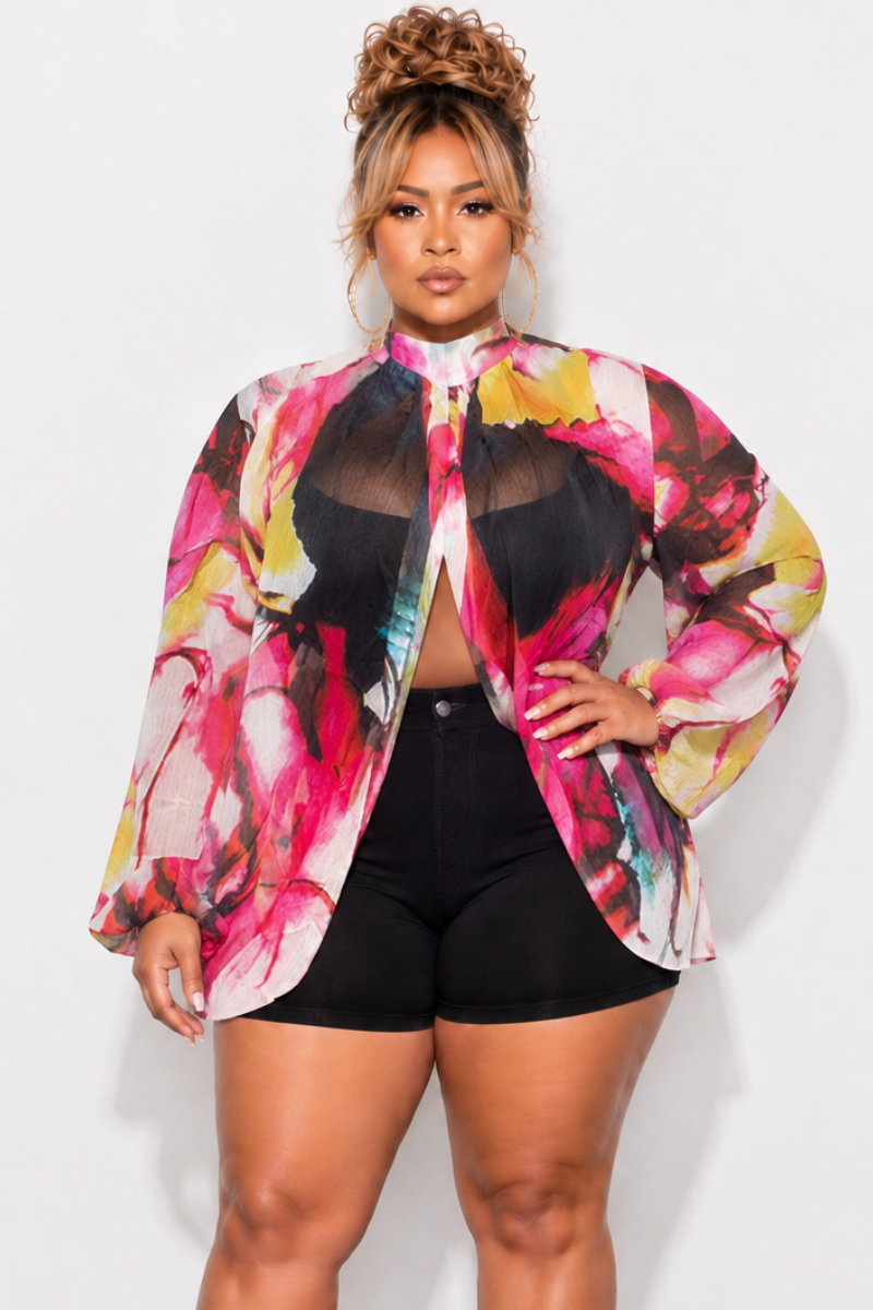 Final Sale Plus Size Sheer Balloon Sleeve Crop Top in Fuchsia and Black Multi Color