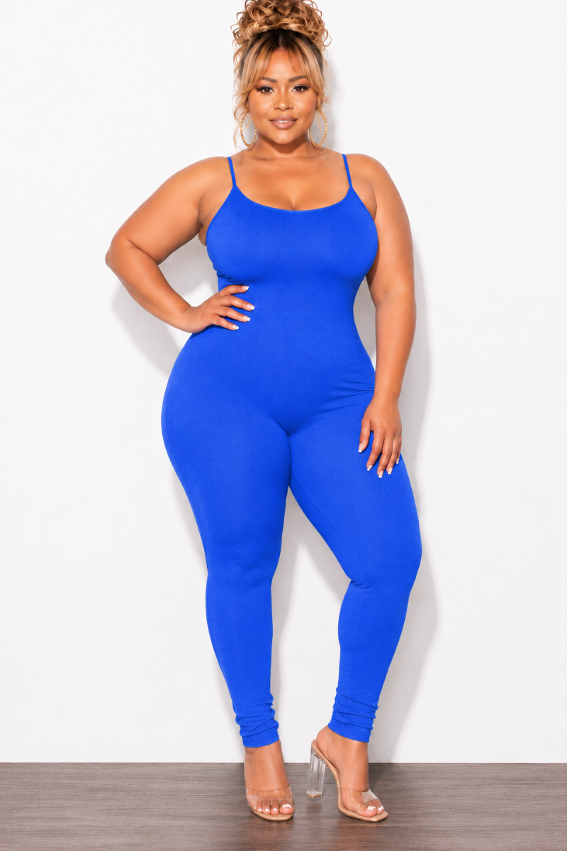 Final Sale Plus Size Spaghetti Strap Catsuit Unitard in Blue