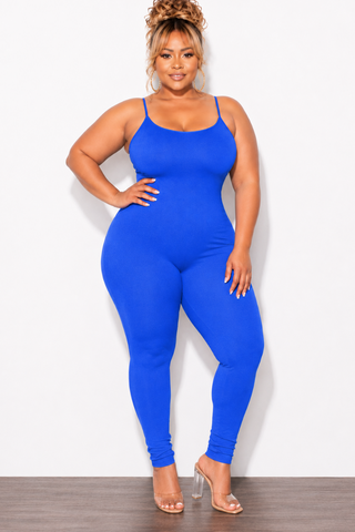 Final Sale Plus Size Spaghetti Strap Catsuit Unitard in Blue
