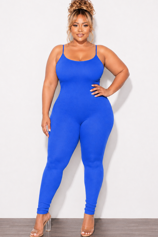Final Sale Plus Size Spaghetti Strap Catsuit Unitard in Blue