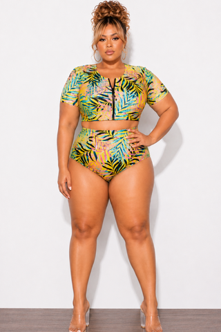 Exclusive Chic And Curvy - Final Sale Plus Size 2pc Swimwear in Yellow Tropical Print