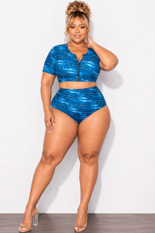 Exclusive Chic And Curvy - Final Sale Plus Size 2pc Swimwear in Faux Blue Denim Print