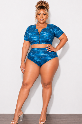 Exclusive Chic And Curvy - Final Sale Plus Size 2pc Swimwear in Faux Blue Denim Print