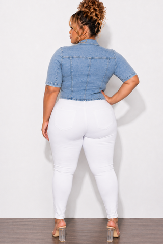 Final Sale Plus Size Collar Button Up Peplum Top in Acid Washed Denim