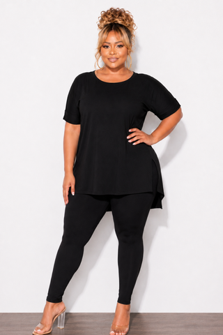 Final Sale Plus Size 2pc Scoop Neck Tunic Top and Matching Legging Set in Black