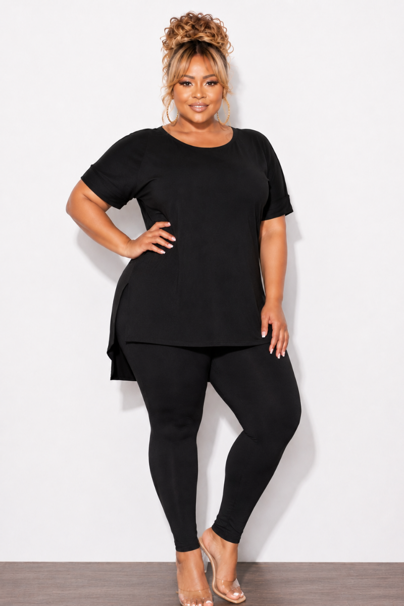 Final Sale Plus Size 2pc Scoop Neck Tunic Top and Matching Legging Set in Black