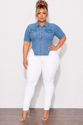 Final Sale Plus Size Collar Button Up Peplum Top in Acid Washed Denim