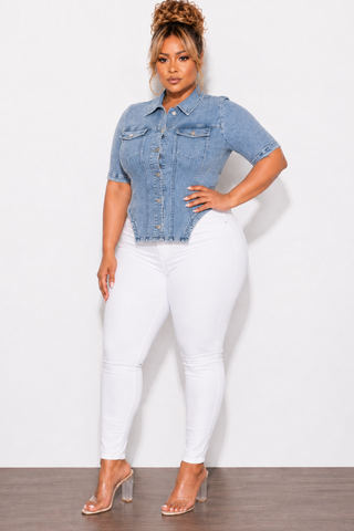 Final Sale Plus Size Collar Button Up Peplum Top in Acid Washed Denim
