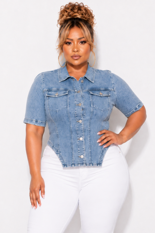 Final Sale Plus Size Collar Button Up Peplum Top in Acid Washed Denim