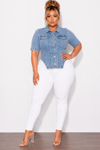 Final Sale Plus Size Collar Button Up Peplum Top in Acid Washed Denim