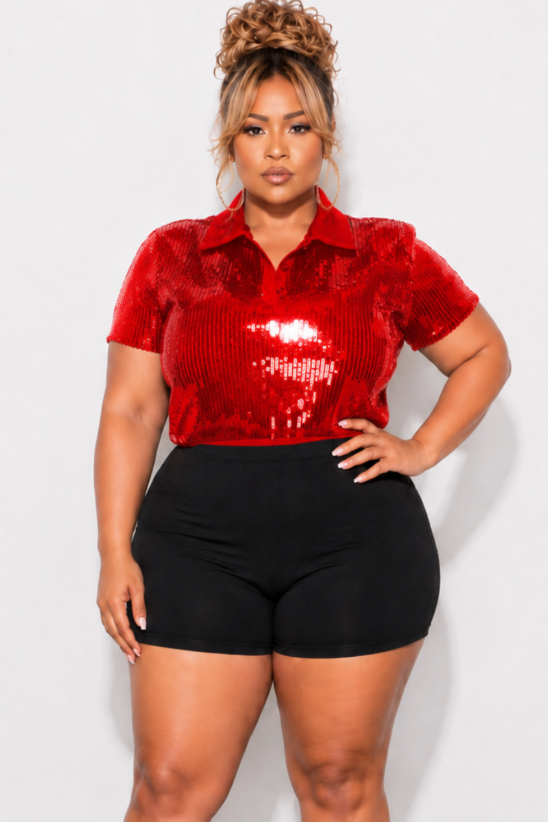 Final Sale Plus Size Collar Sequin Top in Red