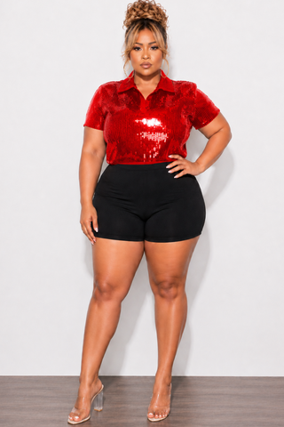 Final Sale Plus Size Collar Sequin Top in Red