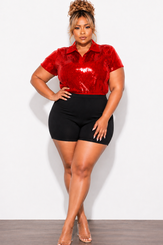 Final Sale Plus Size Collar Sequin Top in Red