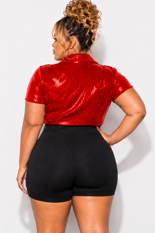 Final Sale Plus Size Collar Sequin Top in Red