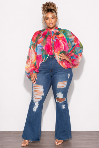 Final Sale Plus Size Sheer Balloon Sleeve Crop Top in Fuchsia Floral Multi Color Print