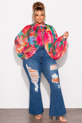 Final Sale Plus Size Sheer Balloon Sleeve Crop Top in Fuchsia Floral Multi Color Print