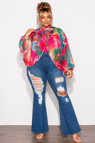 Final Sale Plus Size Sheer Balloon Sleeve Crop Top in Fuchsia Floral Multi Color Print