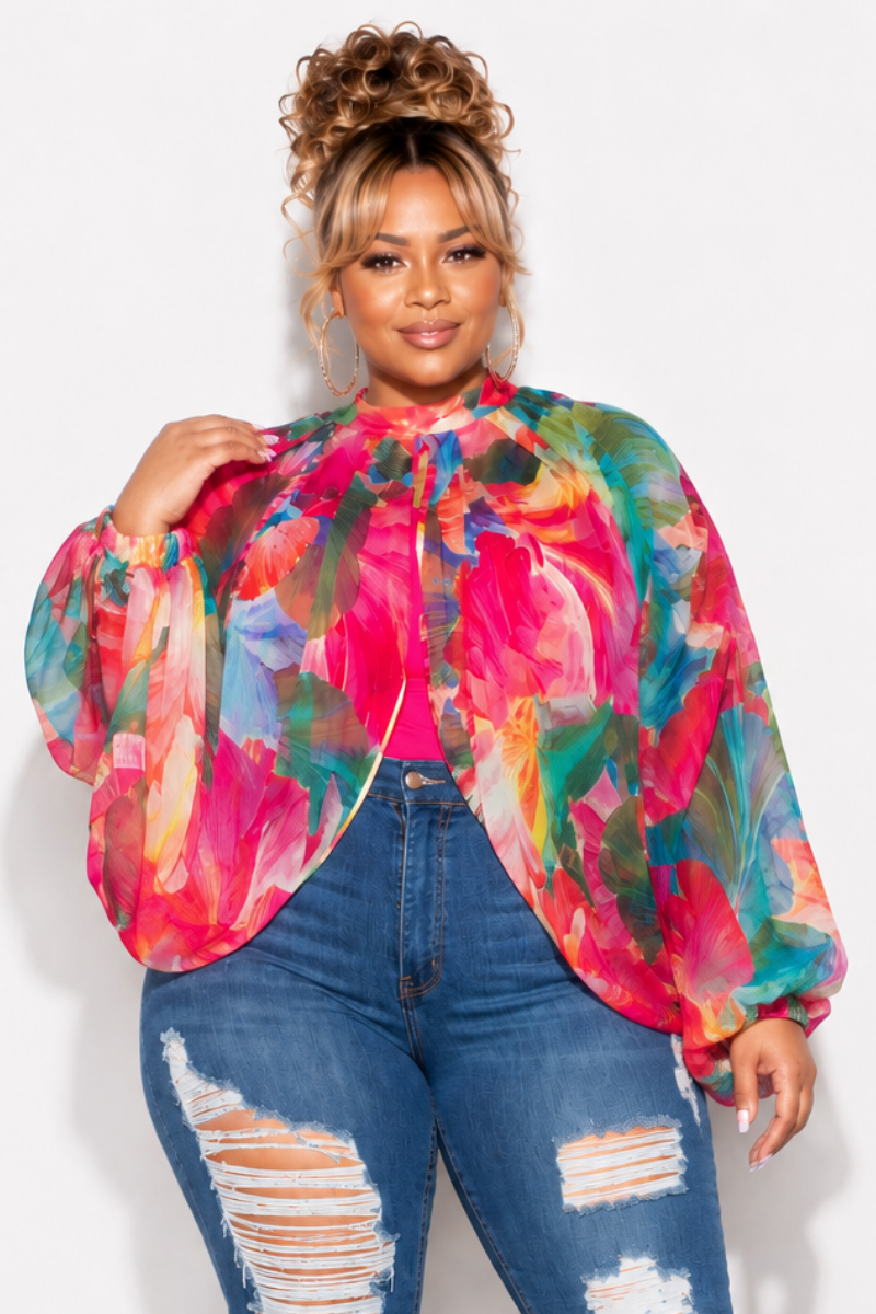 Final Sale Plus Size Sheer Balloon Sleeve Crop Top in Fuchsia Floral Multi Color Print