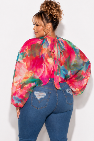 Final Sale Plus Size Sheer Balloon Sleeve Crop Top in Fuchsia Floral Multi Color Print